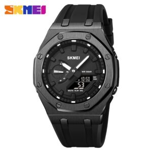 SKMEI 2243 Sports Watch – 50M Waterproof, Silicone Strap, Dual Display (Pointer + Number), 44.7mm Dial - Black