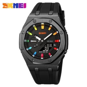 SKMEI 2243 Sports Watch – 50M Waterproof, Silicone Strap, Dual Display (Pointer + Number), 44.7mm Dial – Black Colorful Dial
