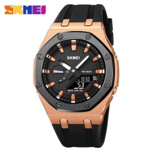SKMEI 2243 Sports Watch – 50M Waterproof, Silicone Strap, Dual Display (Pointer + Number), 44.7mm Dial – Black Rose Gold