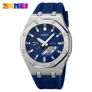 SKMEI 2243 Sports Watch – 50M Waterproof, Silicone Strap, Dual Display (Pointer + Number), 44.7mm Dial – Blue Silver