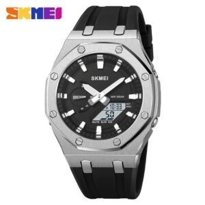 SKMEI 2243 Sports Watch – 50M Waterproof, Silicone Strap, Dual Display (Pointer + Number), 44.7mm Dial – Black Silver